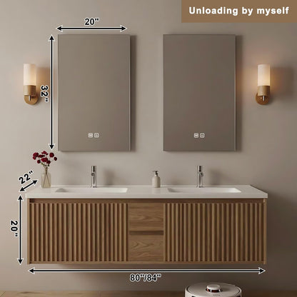 60”-84”Double Sink Floating Bathroom Vanity, Fluted Oak Cabinet with LED Backlit Mirrors