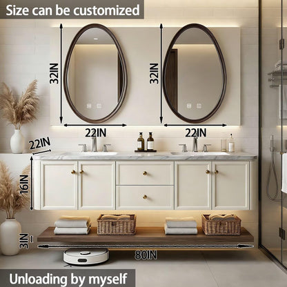 60”-84” Double Sink Floating Vanity with Oval LED Mirrors, Cream Cabinet & Marble Top