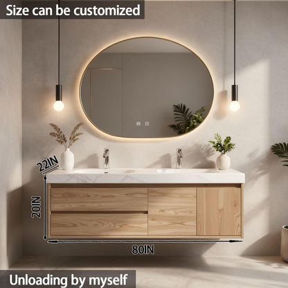 60”-84”Double Sink Floating Bathroom Vanity with Round LED Mirror, Light Oak Wood Cabinet