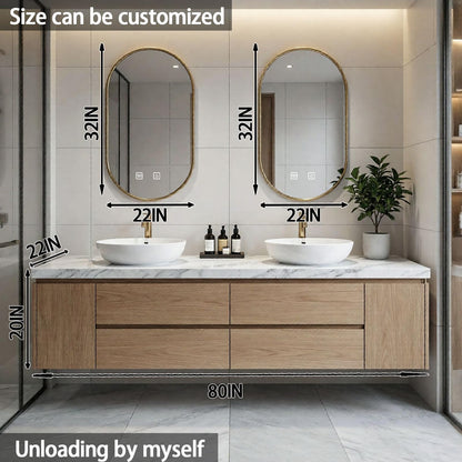 60"-84"Floating Oak Bathroom Vanity with Marble Top & Oval Gold LED Mirrors