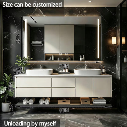 60”-84”Double Sink Floating Bathroom Vanity with LED Mirror Cabinet, Off-White Modern Cabinet