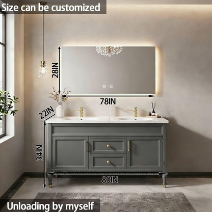 60"-84"Freestanding Gray Bathroom Vanity with Double Sinks & LED Mirror