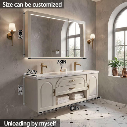 60"-84"Wall-Mounted French Country Bathroom Vanity with Recessed Storage & Lighted Mirror