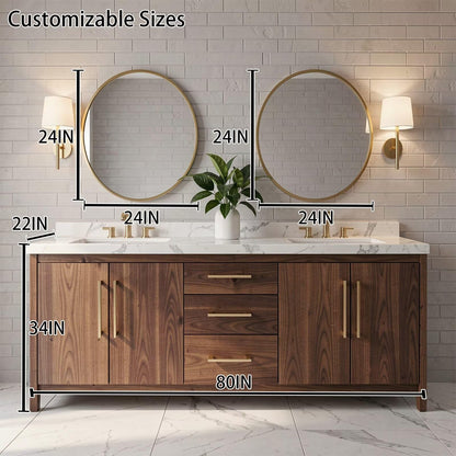60"-96"Modern Walnut Bathroom Vanity with Double Sinks, Marble Top & Gold Hardware