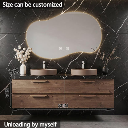60"-84"Floating Wood Bathroom Vanity with Double Vessel Sinks & Irregular LED Mirror