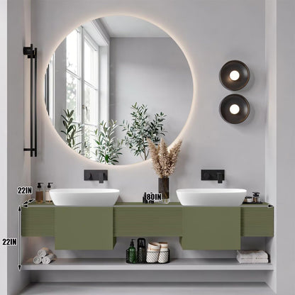 60"-96"Sage Green Floating Bathroom Vanity with Double Vessel Sinks & LED Round Mirror