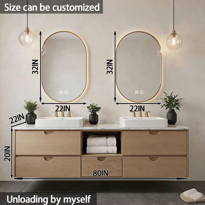 60"-84"Floating Oak Bathroom Vanity with Double Sinks & LED Oval Mirrors