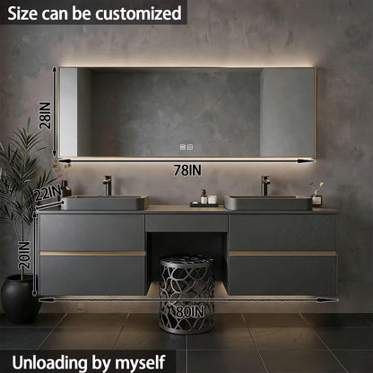 60"-84"Floating Dark Gray Bathroom Vanity with Double Vessel Sinks & LED Mirror