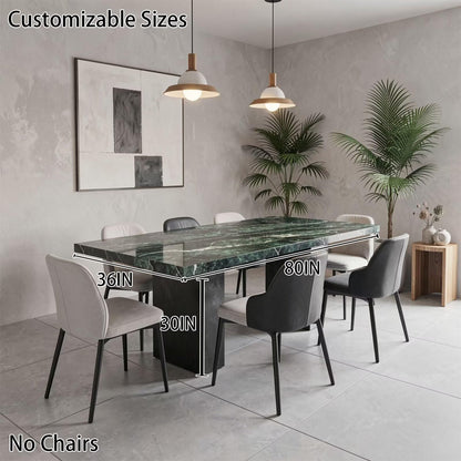 56"-96"Luxury Green Marble Dining Table, Contemporary Rectangular Table with Sturdy Block Base