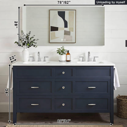 60”-84”Double Sink Freestanding Bathroom Vanity with White Top, Navy Blue Wood Vanity with Storage Drawers & Large Mirror