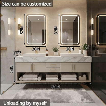 60"-84"Floating Beige Bathroom Vanity with Double Vessel Sinks & LED Mirrors