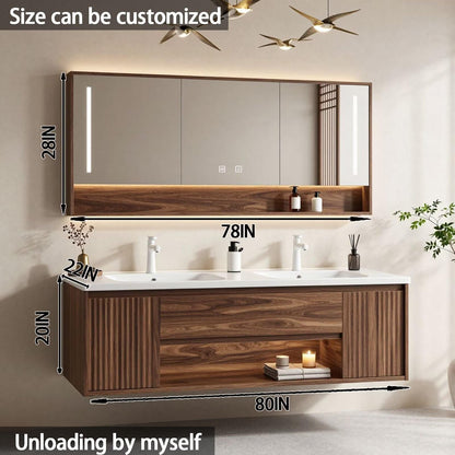 60”-84”Double Sink Floating Bathroom Vanity with LED Mirror Cabinet, Walnut Fluted Cabinet