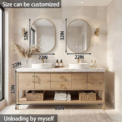 64"-96"Modern Farmhouse Bathroom Vanity Set with Open Shelf & Double Vessel Sinks