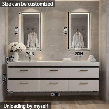 60”-84”Double Sink Floating Bathroom Vanity with LED Rectangular Mirrors, White Modern Cabinet