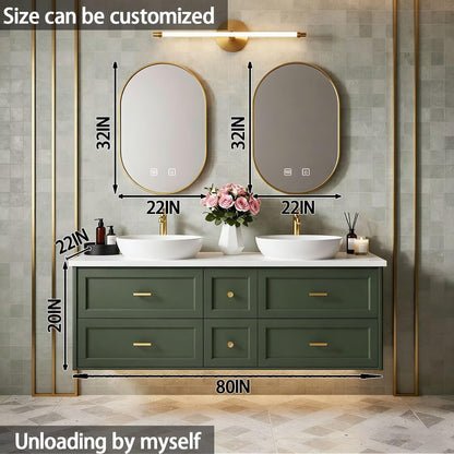 60”-84” Floating Vanity, Sage Green Double Sink Cabinet with Gold Oval LED Mirrors