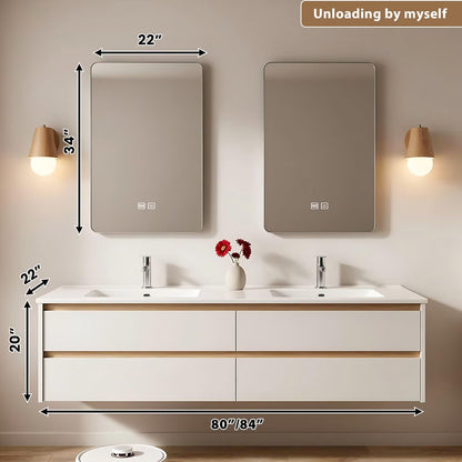 60”-84” Double Sink Floating Bathroom Vanity with 2 LED Mirrors, White Wall Mounted Vanity with Light Oak Accents
