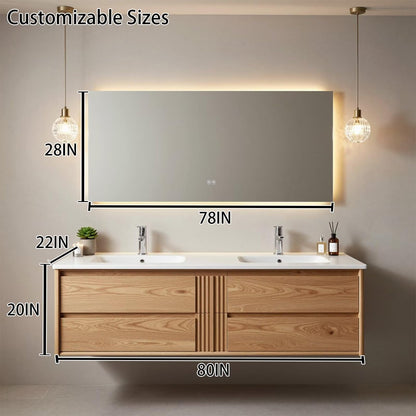 60"-96"Modern Oak Floating Bathroom Vanity with Double Sinks & LED Backlit Mirror
