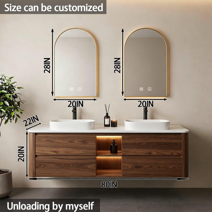 60”-84”Double Sink Floating Bathroom Vanity with Gold Arch LED Mirrors, Walnut Wood Cabinet