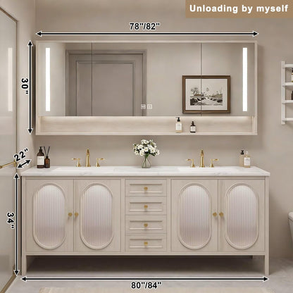 60”-84”Double Sink Bathroom Vanity with LED Mirrors, Wood Floating Cabinet with Marble Top, Modern French Country Style, Beige