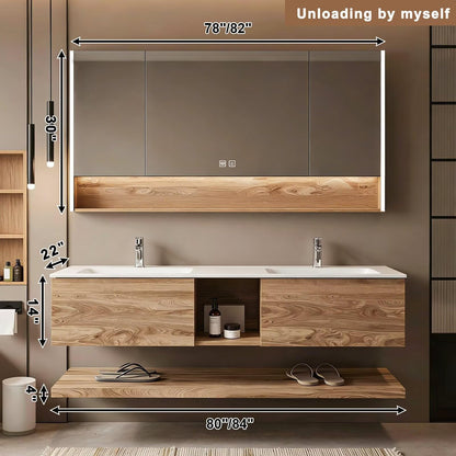 60”-84”Double Sink Floating Bathroom Vanity, Oak Cabinet with LED Mirror Cabinet & Open Shelf