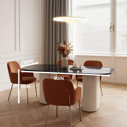 60"-80"Modern Oval Dining Table with Black Marble Top & Cream Base, Seats 4-6