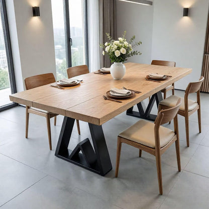 56"-96"Modern Solid Wood Dining Table with Black Metal Base for 6-8 People