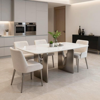 56"-96"Modern Dining Table, White Marble Top with Brushed Stainless Steel Sculptural Legs