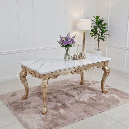 56"-88"Rectangular Dining Table with Marble Top & Antique Gold Rococo Base