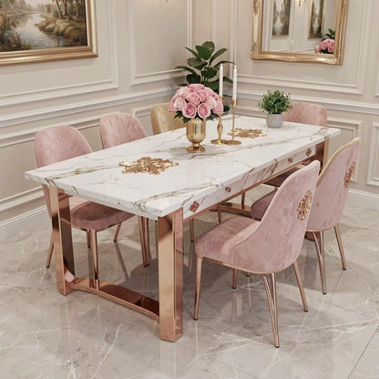 56"-88"Luxury Marble Dining Table with Rose Gold Metal Base for 6-8 People