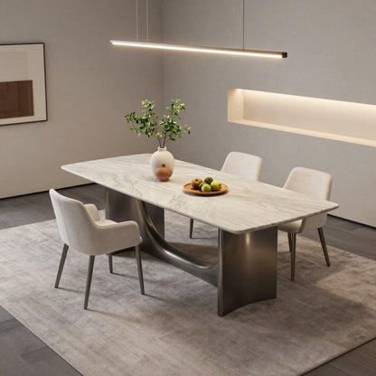 56"-96"Elegant Statement Dining Table, White Marble Top with Curved Brushed Metal Base
