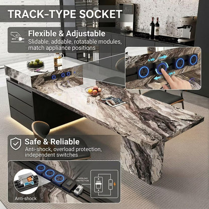 80"-96"Luxury Marble Kitchen Island with Dining Table, Built-in Charging Station & LED Light