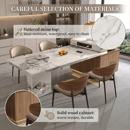 80“-96”Luxury White Marble Kitchen Island with Dining Table & Built-in Charging Station