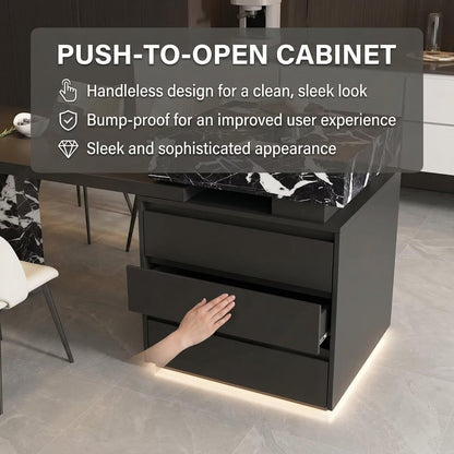 80“-96”Black Marble Kitchen Island with Integrated Dining Table & LED Lighting
