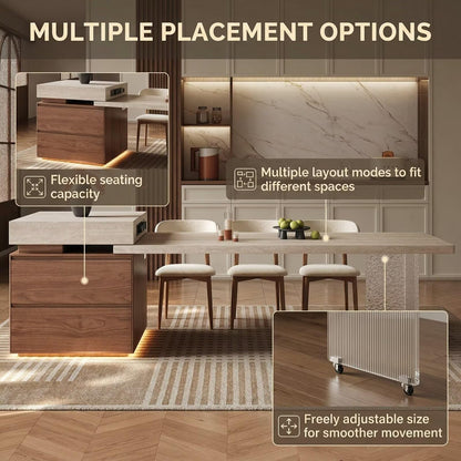 80“-96”Modern Stone Kitchen Island with Integrated Dining Table & Wooden Storage Drawers