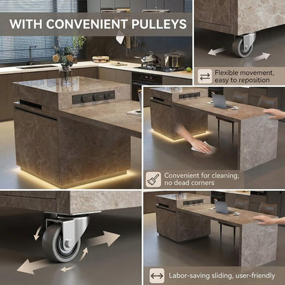 80“-96”Brown Marble Kitchen Island with Integrated Dining Table & LED Lighting