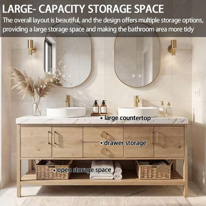 64"-96"Modern Farmhouse Bathroom Vanity Set with Open Shelf & Double Vessel Sinks