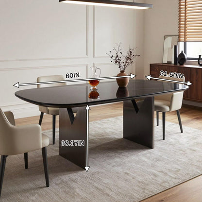 56"-88"Black Marble Oval Dining Table with Dark Wood Base for 4-6 People
