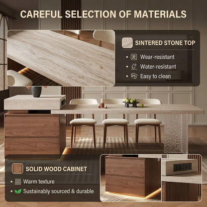 80“-96”Modern Stone Kitchen Island with Integrated Dining Table & Wooden Storage Drawers