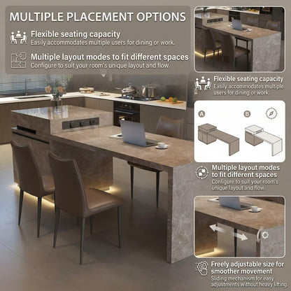 80“-96”Brown Marble Kitchen Island with Integrated Dining Table & LED Lighting
