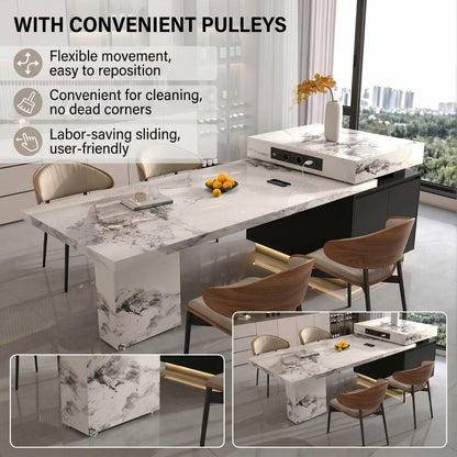 80“-96”Luxury White Marble Kitchen Island with Dining Table & Built-in Charging Station