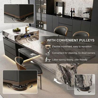 80"-96"Luxury Marble Kitchen Island with Dining Table, Built-in Charging Station & LED Light