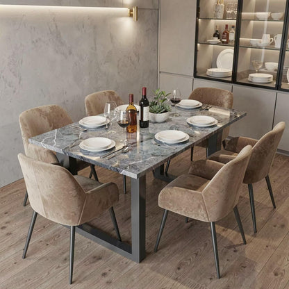 56"-96"Marble Dining Table Set with 6 Velvet Chairs, Modern Kitchen Table