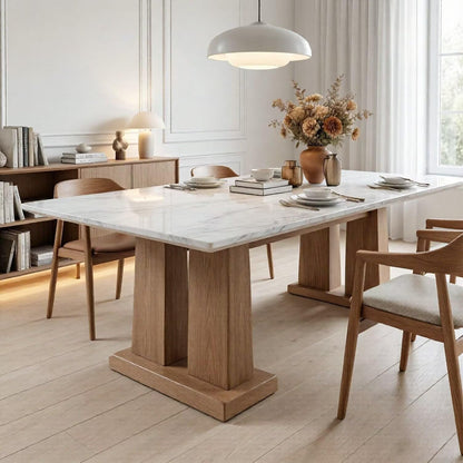 56"-96"Modern Scandinavian Dining Table, White Marble Top with Solid Oak Wood Base