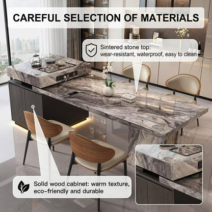 80“-96”Marble Kitchen Island with Tea Station, Dining Table & Built-in Power Outlet