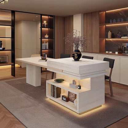 80"-96"Travertine Kitchen Island with Integrated Dining Table & Open Storage Shelves