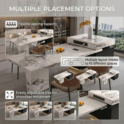 80“-96”Luxury White Marble Kitchen Island with Dining Table & Built-in Charging Station