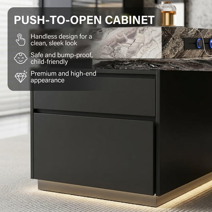 80"-96"Luxury Marble Kitchen Island with Dining Table, Built-in Charging Station & LED Light