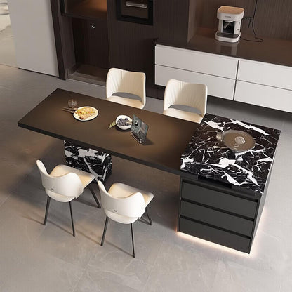80“-96”Black Marble Kitchen Island with Integrated Dining Table & LED Lighting