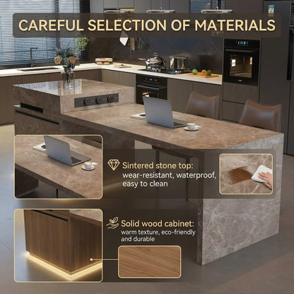80“-96”Brown Marble Kitchen Island with Integrated Dining Table & LED Lighting
