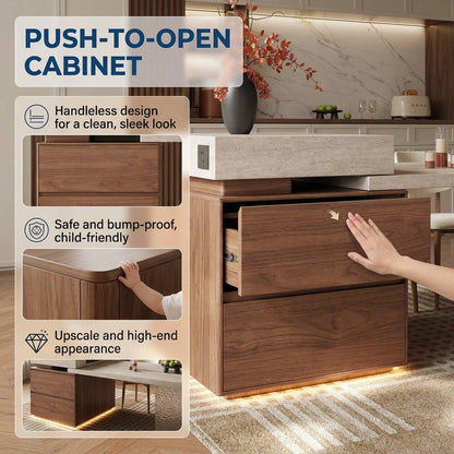 80“-96”Modern Stone Kitchen Island with Integrated Dining Table & Wooden Storage Drawers